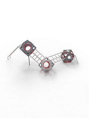 Rendered combination of metal colourful playcubes which create playful play units for playgrounds with experiences like climbing, sliding and balancing.